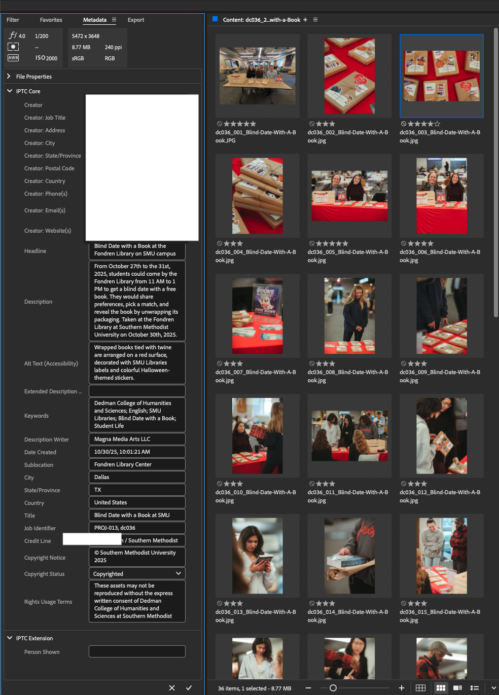 Adobe Bridge metadata workspace showing a redacted creator area and visible descriptive metadata fields