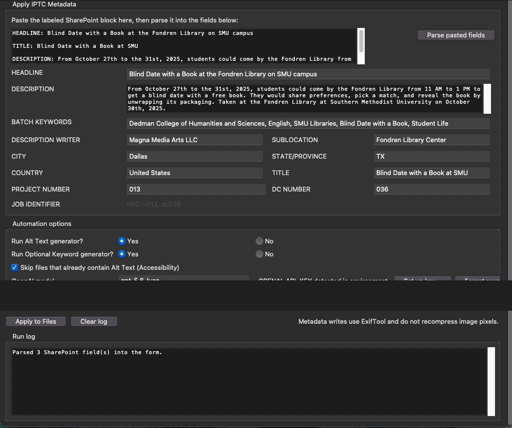 Sanitized Metadata Wizard interface with reviewed intake fields and accessibility options