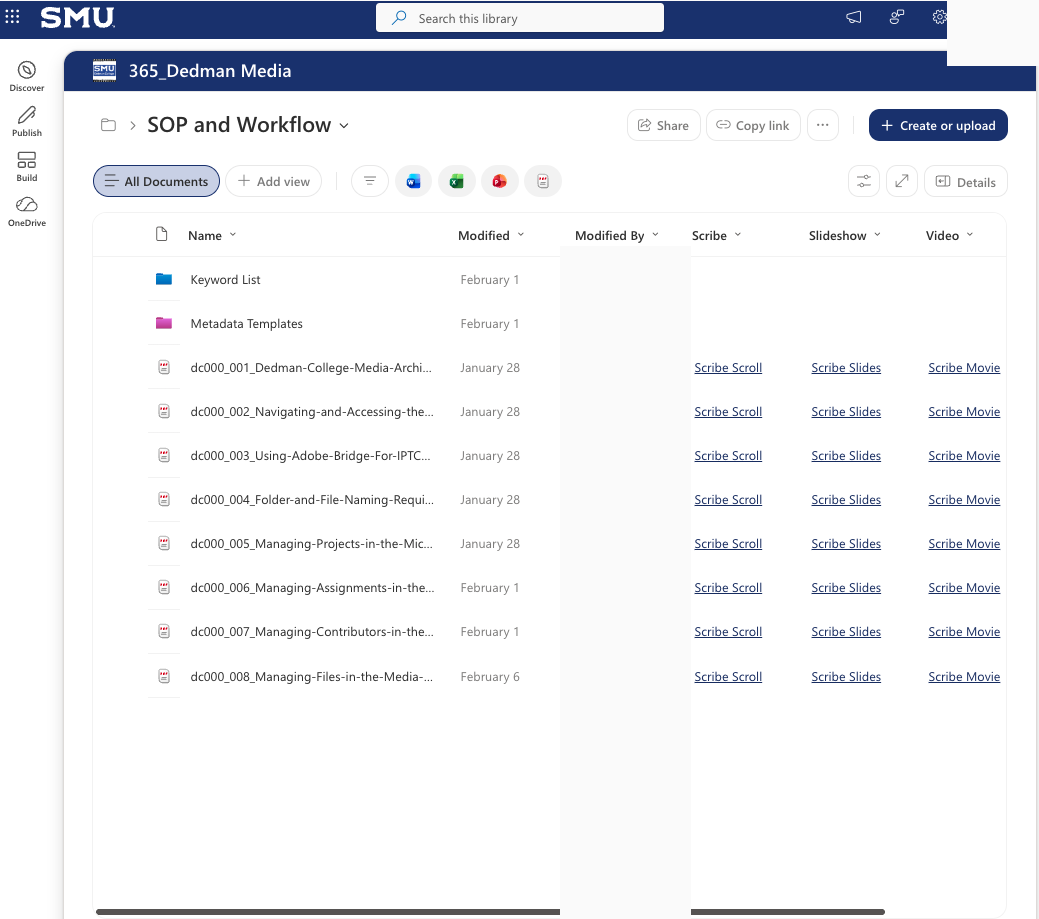 Sanitized SharePoint library listing media archive standard operating procedures and Scribe resources