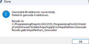Geocoding script completion message and output